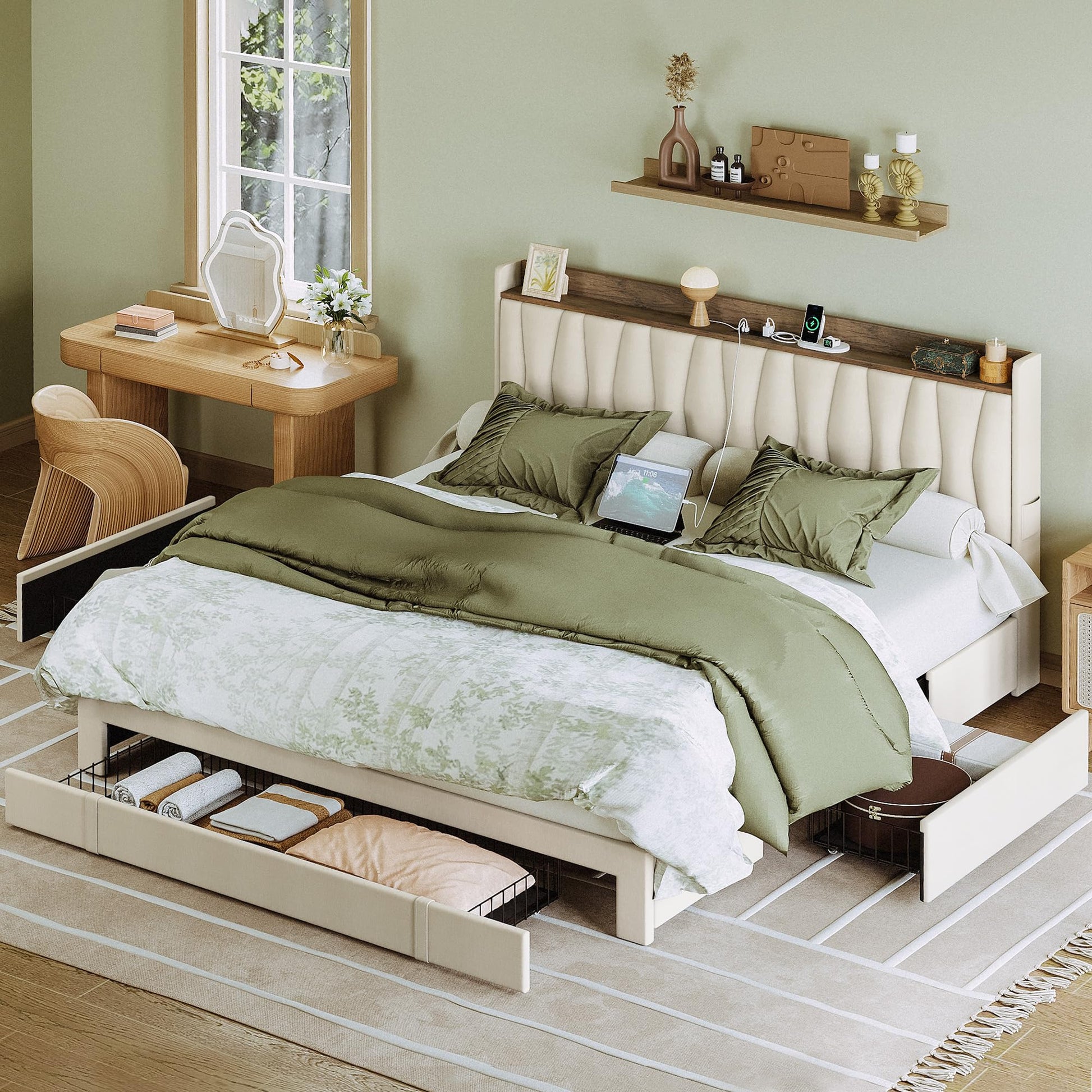 ANTCOR King Size Upholstered Bed Frame with Storage Headboard and Charging Station, Beige - WoodArtSupply