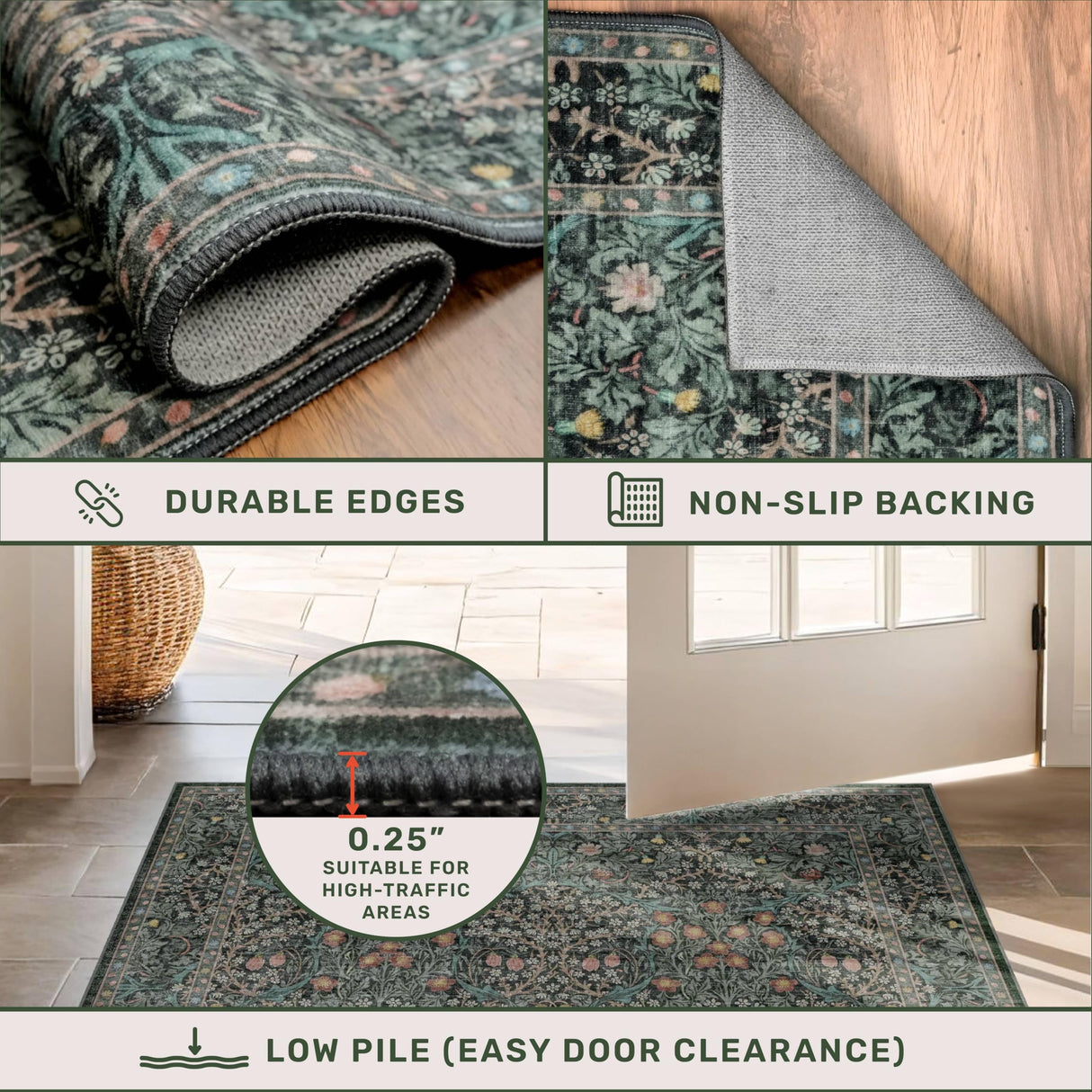 Vintage Dark Green Living Room Rug, 8x10 Washable Area Rugs for Dining Room Under Kitchen Table, Bedroom, Oriental Low Pile Stain Resistant Non-Slip Large Carpet (8x10 Dark Green) Hazo Haus