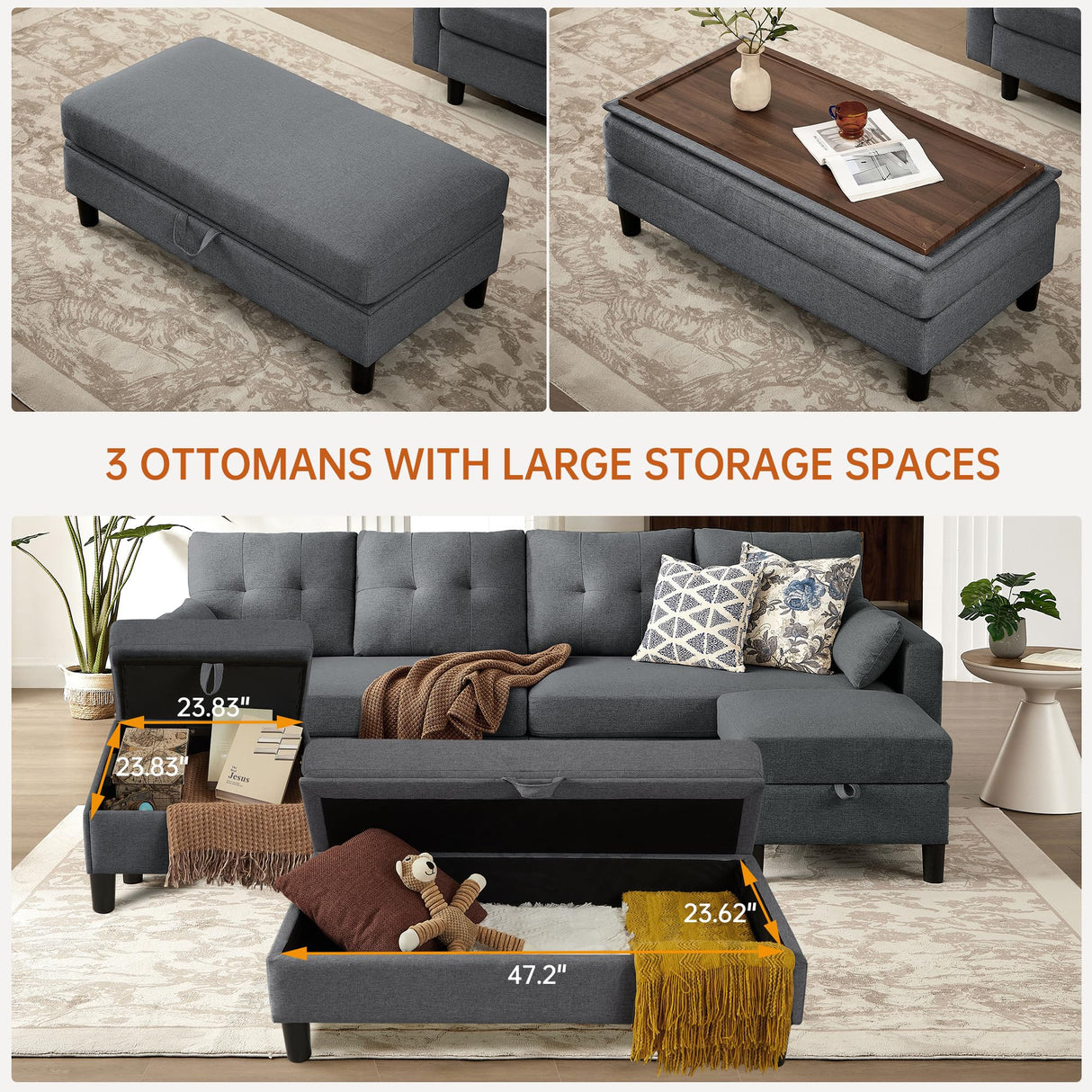 Convertible Sectional Sleeper Sofa with Storages, 100" U Shaped 4 Seater Couch with 2 Movable Ottomans and 1 Ottoman Bench Polyester Fibre for Living Room, Dark Grey Soscana