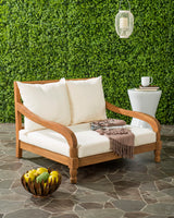 SAFAVIEH Outdoor Collection Pomona Natural Solid Wood/Beige Lounger Bench Sofa Loveseat (PAT6740A) SAFAVIEH