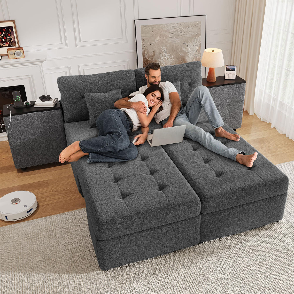 DWVO Queen Size Sofa Bed, 5-in-1 Multi-functional Convertible Sleeper Sofa with 2 Storage Cabinet Nightstand & USB Ports, 100" Sectional Sofa Couch with 2 Comfy Pillows for Living Room Apartment, Grey DWVO