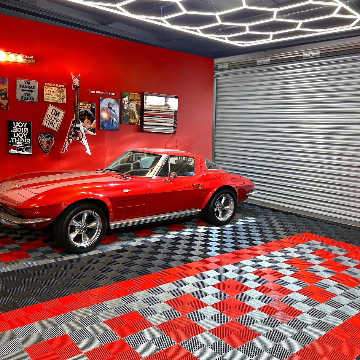 15.7"x15.7" Garage Flooring Tiles, Non-Slip Interlocking Plastic Garage Floor Mat, Garage Organization & Garage Storage, Vented Pattern (red, 25pcs) GOSLARLIT