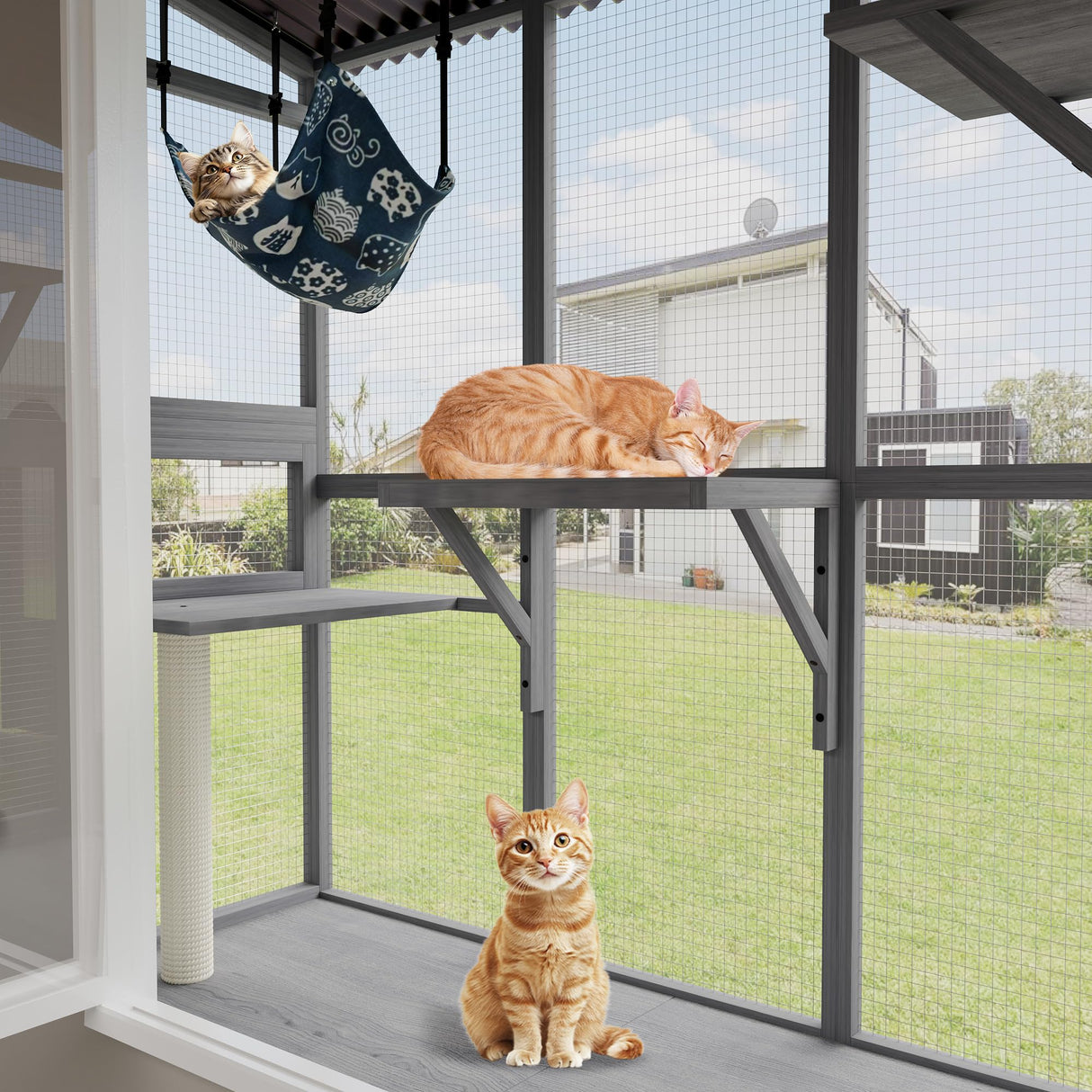 KEIKI 77" H Cat House Outdoor Catio for Cats, Weatherproof Large Walk-in Window-Mounted Cat Enclosure with 3 Access Doors, Multi-Level Cat Playhouse, Secure Outdoor Cat House, Gray KEIKI