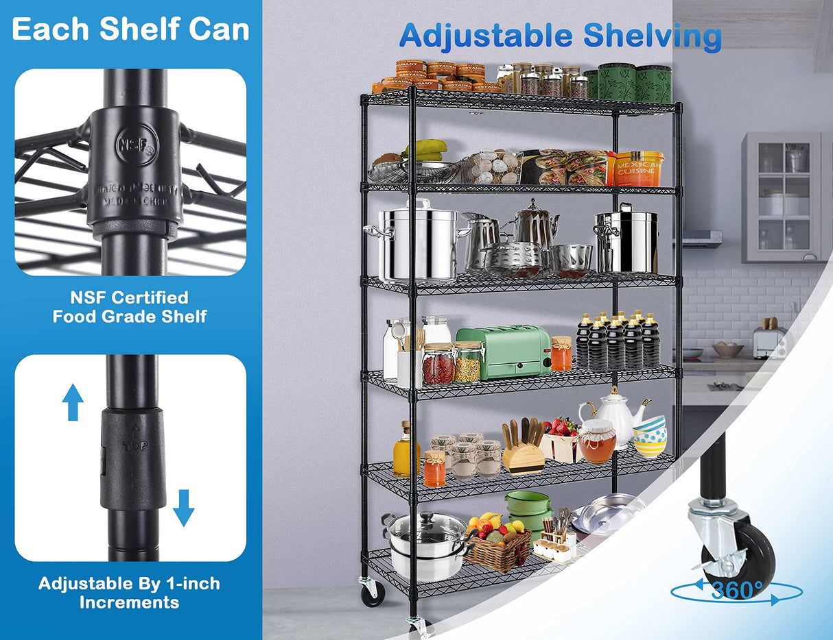 6000Lbs Capacity Metal Shelving Unit 6 Tier Adjustable Shelves for Storage Heavy Duty Commercial Grade Wire Shelf with Wheels & Feet 48" ×18" ×78" Storage Rack for Warehouse Garage Pantry Basement MKDLUFEI