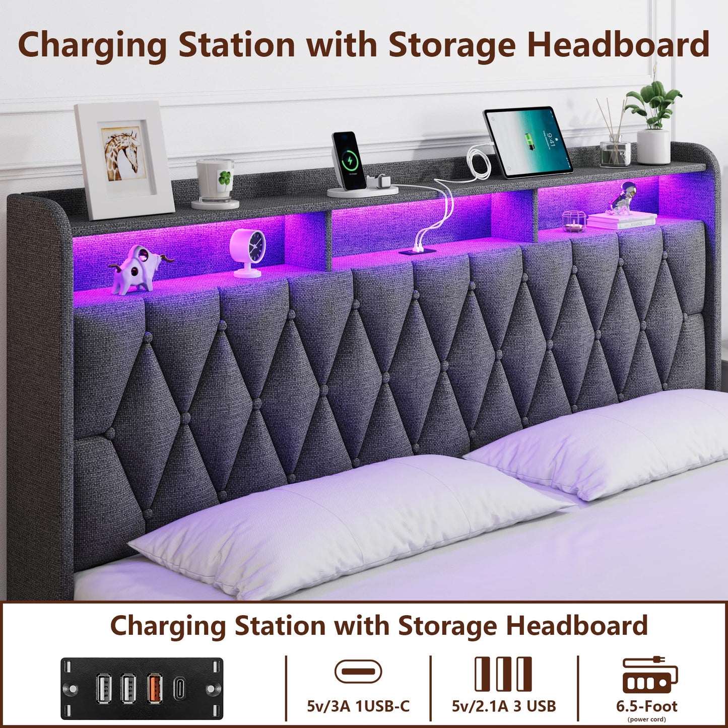 MEIJUJIA Upholstered King Size Bed Frame with LED Headboard, Charging Station, and 3 Storage Drawers in Dark Grey - WoodArtSupply