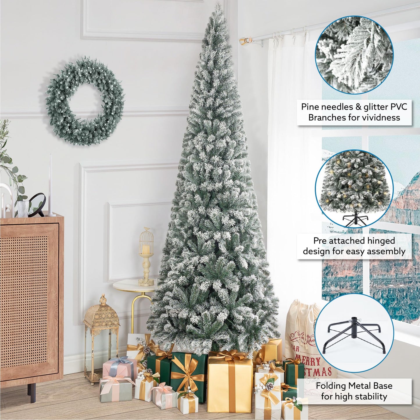 Salzburg 9ft Frosted Prelit Slim Artificial Christmas Tree with 1455 Branch Tips, 500 Warm Lights and Metal Stand, 37" Wide Realistic Snow Flocked Skinny Pencil Christmas Tree by Naomi Home