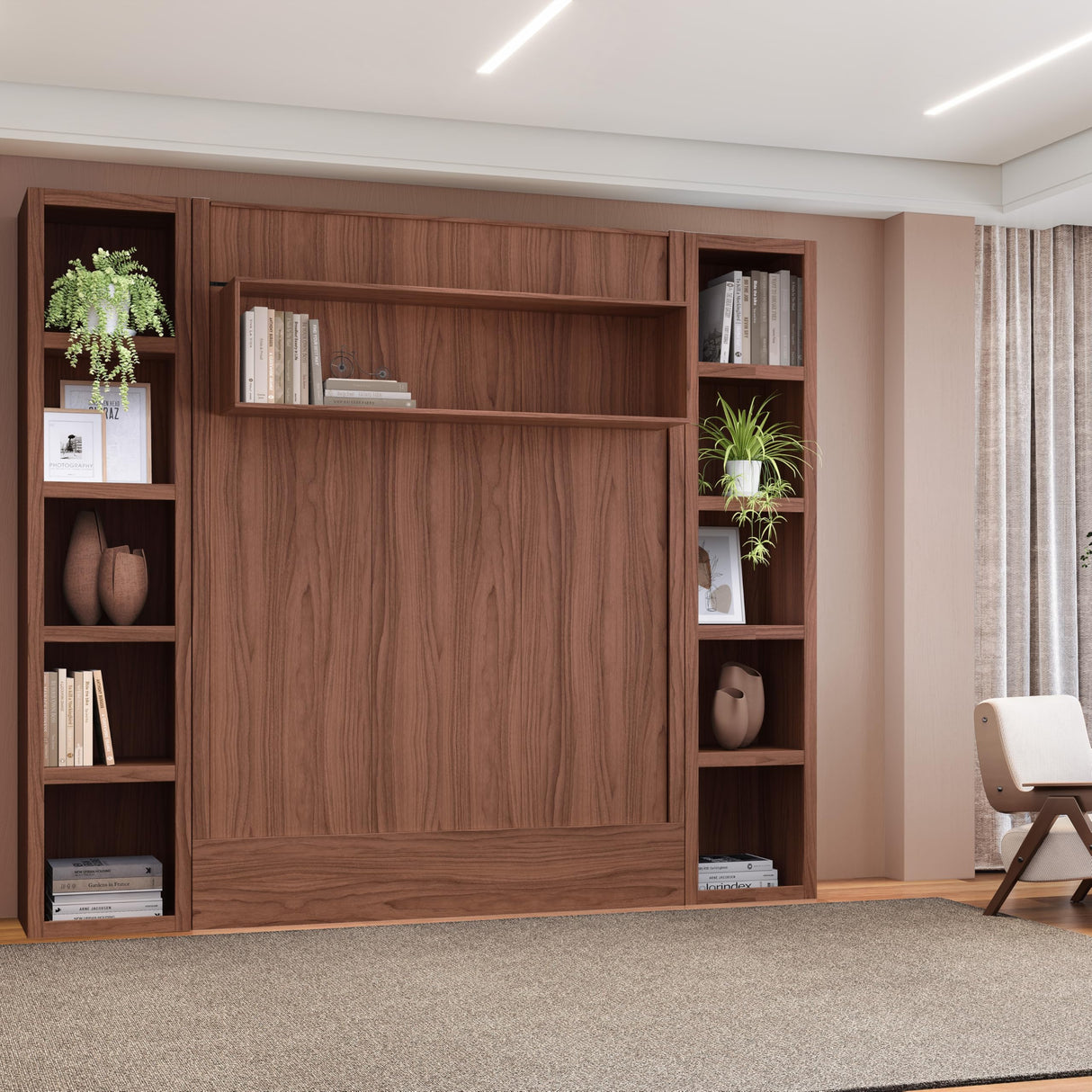 Oakland Living Easy-Lift Full Murphy Wall Bed in Natural Brown Wood Grain with Two Bookshelves Oakland Living