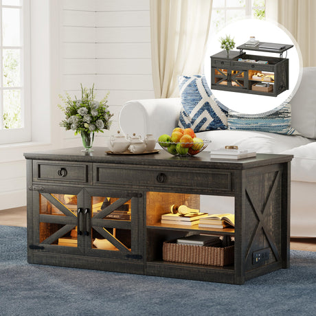 Lvifur 48" W Farmhouse Lift Top Coffee Table with LED Lights & Charging Station, Living Room Center Table with 2 Hidden Storage Compartments, Lifting Tabletop and Adjustable Shelf (Dark Rustic Oak) Lvifur