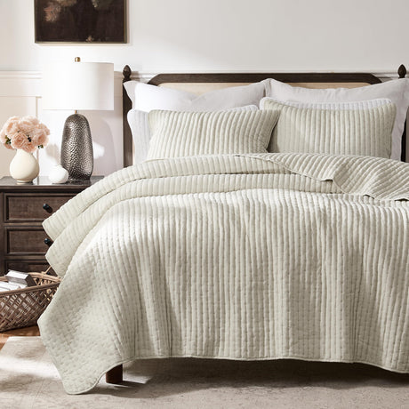 WDCOZY Beige Cross Stitch Queen Size Quilt Set, Netural Striped Lightweight Soft Bedspread, Channel Farmhouse Rustic Coverlet, All Season Country Bedding, Thin Comforter WDCOZY