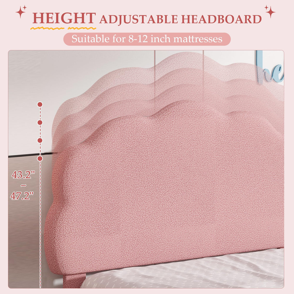 VECELO Twin Size Bed Frame, Upholstered Platform Bedframe with Height Adjustable Plush Fabric Headboard, Strong Wood Slat Supports, No Box Spring Needed, Pink VECELO