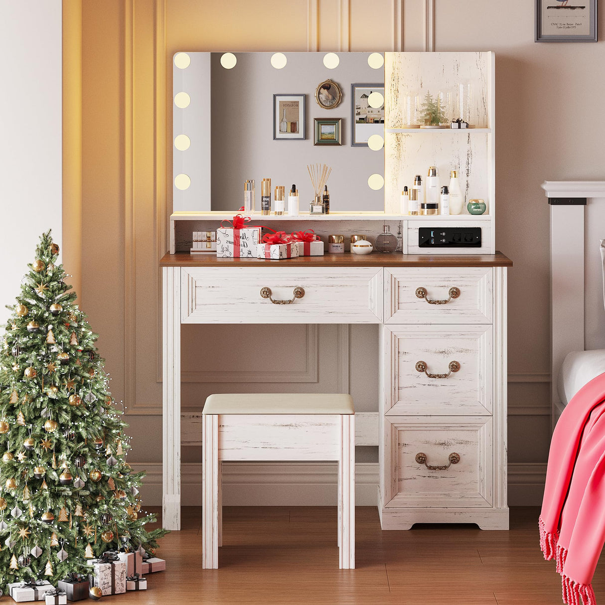 Lareth Vanity Desk 39 inch with Mirror Light and Power Outlet, Farmhouse Makeup Table Set with Stool, 3 Color Adjustable Lights Bedroom Dressing Table with 4 Drawer for Women Girls Teen, Antique White Lareth