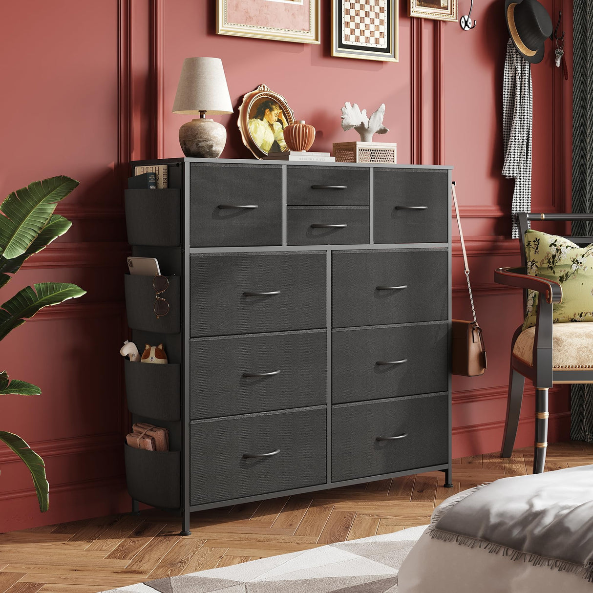 WLIVE Dresser for Bedroom with 10 Drawers, Fabric Dresser Chest of Drawers with Side Pockets and Hooks, Sturdy Metal Frame, Drawers Organizer Unit for Living Room, Hallway, Black WLIVE