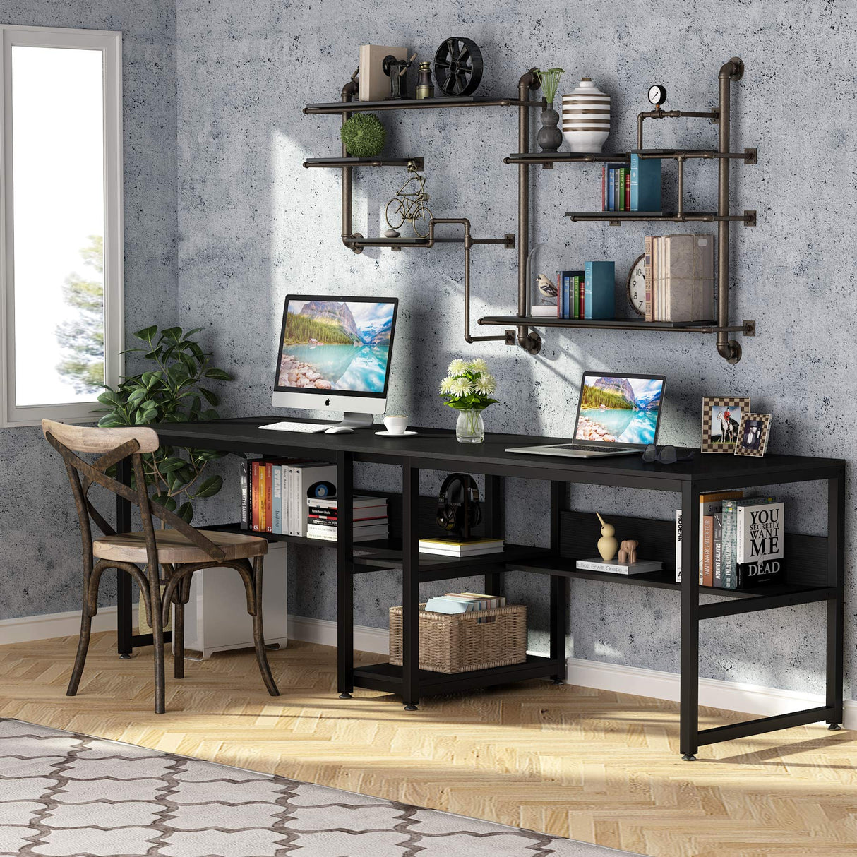 Tribesigns Rustic Double Desk with Bookshelf - 78.7 Inch Two-Person Computer Workstation in Black Tribesigns