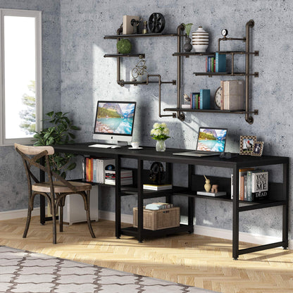 Tribesigns Rustic Double Desk with Bookshelf - 78.7 Inch Two-Person Computer Workstation in Black - WoodArtSupply