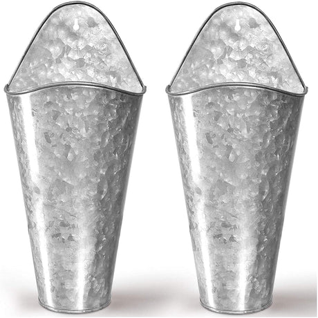 Hallops Galvanized Wall Planters - Two (2) Large Premium. Farmhouse Metal Hanging Vase. Rustic Decor. Tall Container for Easter Flowers or Planets. Tin Style Bucket or Pocket Hallops
