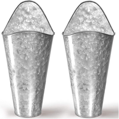 Hallops Galvanized Wall Planters - Two (2) Large Premium. Farmhouse Metal Hanging Vase. Rustic Decor. Tall Container for Easter Flowers or Planets. Tin Style Bucket or Pocket