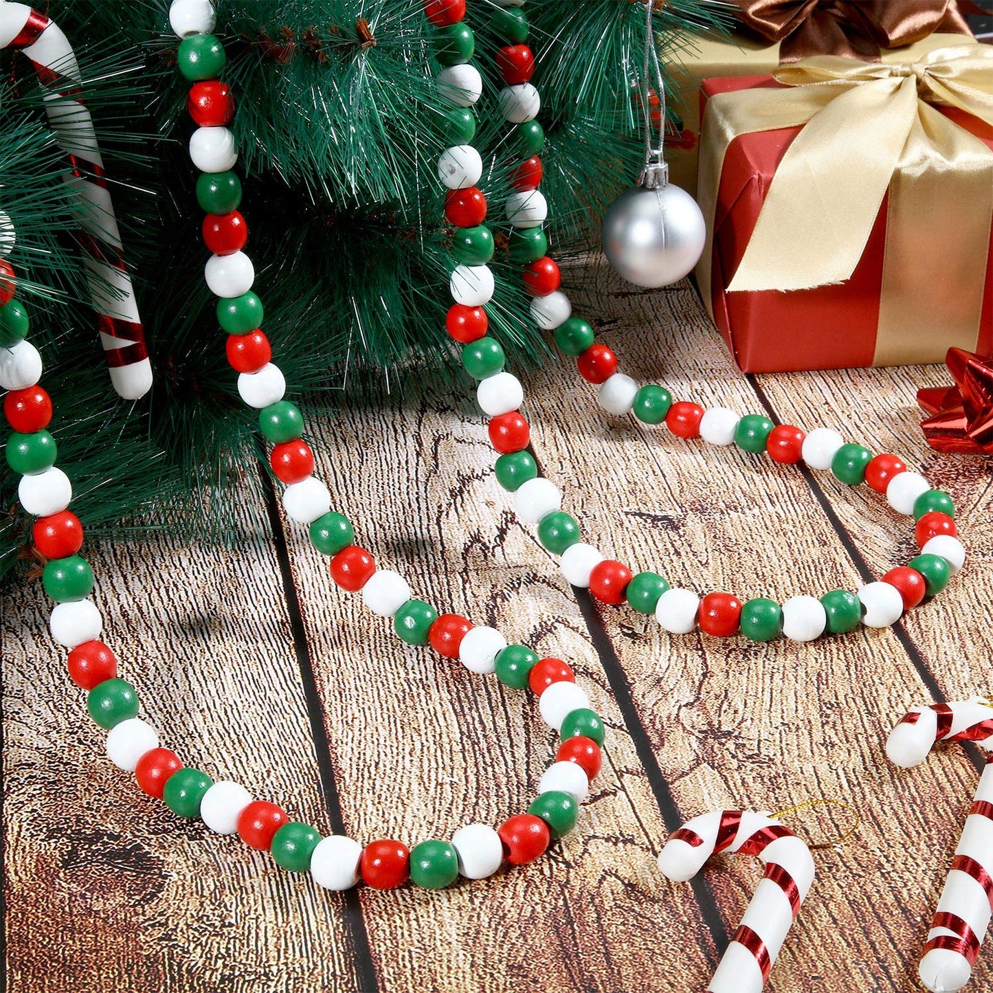 16 Feet Christmas Wooden Bead Garland Christmas Wood Bead Garland Decor Xmas Candy Cane Decoration Farmhouse Rustic Bead Tree Decoration for Holiday Party(Mixed Red, White, Green)