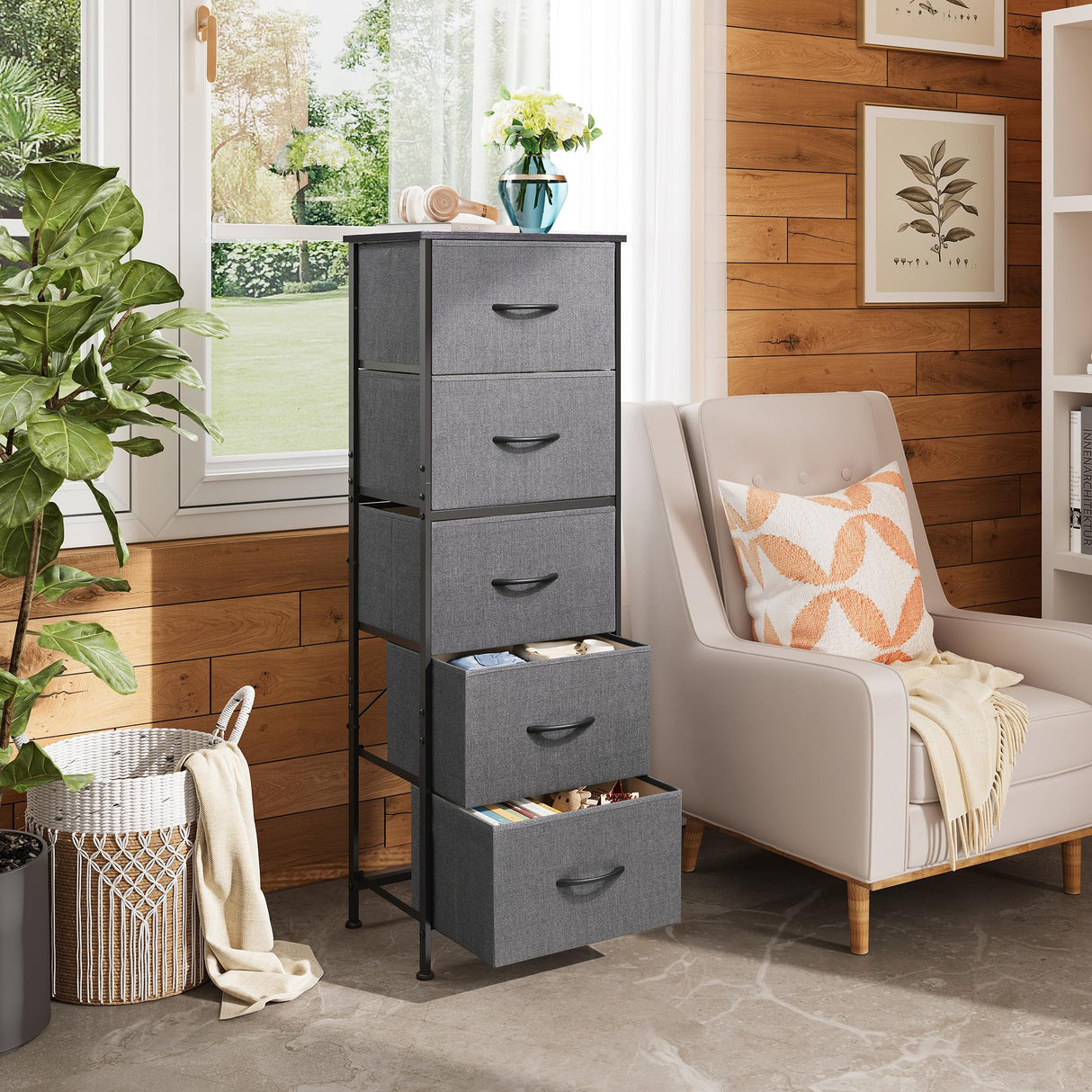 WLIVE Fabric Dresser, 5-Drawer Tall Dresser for Bedroom, Storage Dresser Organizer with Fabric Bins, Wood Top, Sturdy Steel Frame, Chest of Drawers for Closet, Hallway, Dark Grey WLIVE