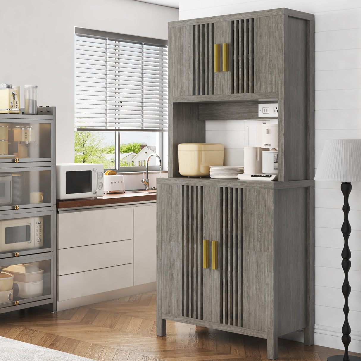 Pantry Kitchen Storage Cabinet, 71” Tall Pantry Cabinet with Rattan Door, Power Outlet, Large Freestanding Cupboard Wood Cabinet for Kitchen, Dining Room Generic