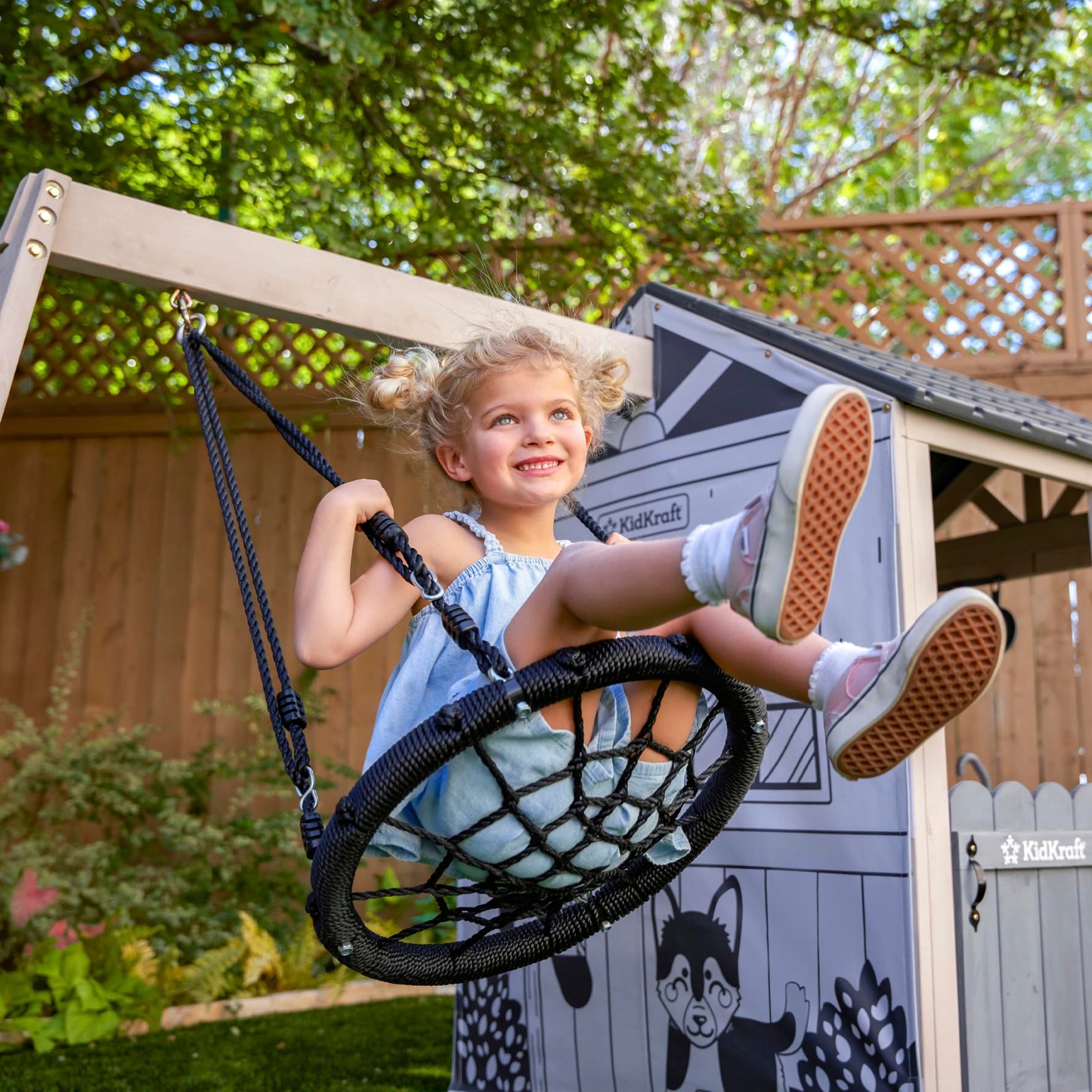 KidKraft Savannah Swing Wooden Outdoor Playhouse with Web Swing and Play Kitchen