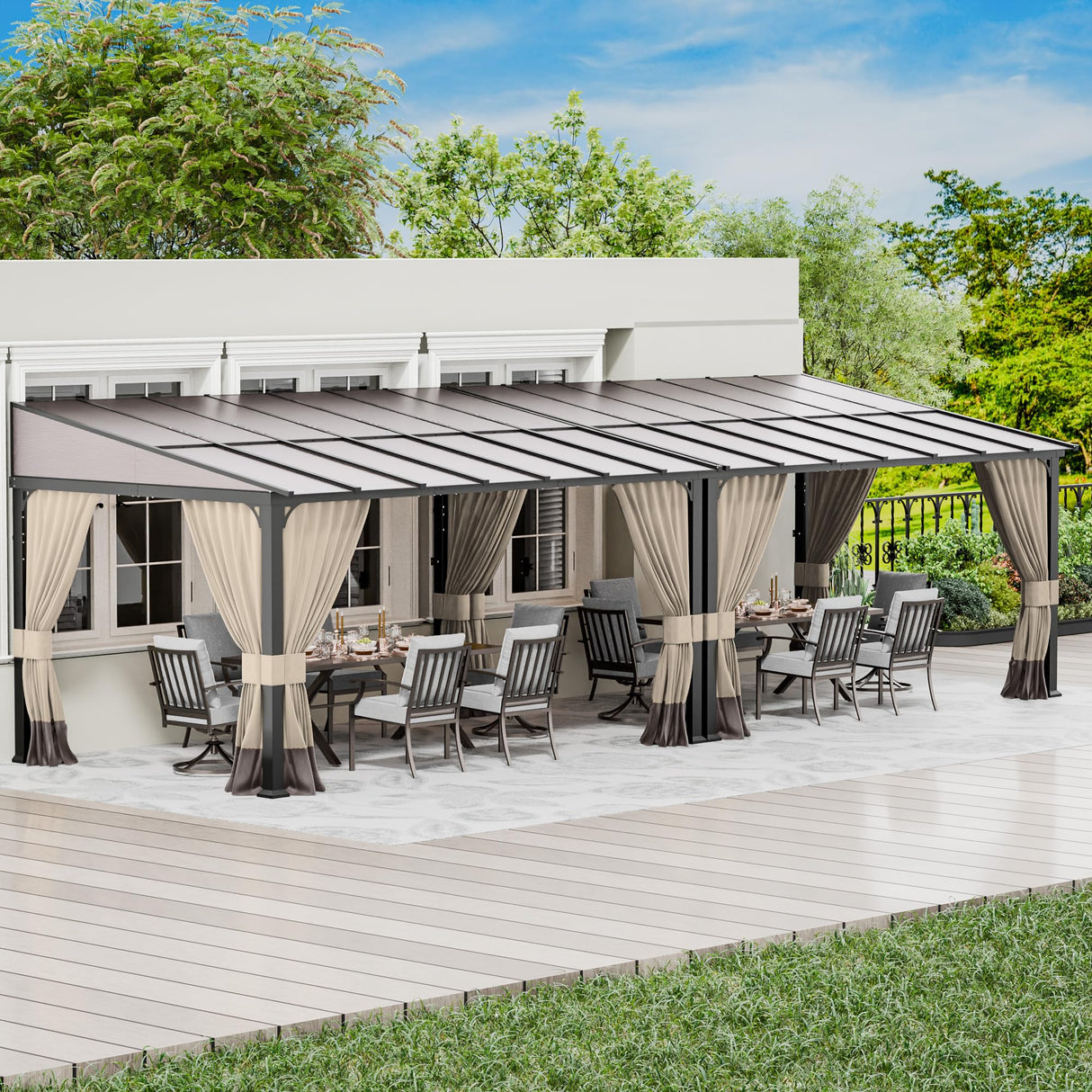 RTDTD 10' x 28' Gazebo，Hard Top Lean to Gazebo Wall Mount Heavy Hardtop Gazebos Outdoor Pergola with Curtains and Netting for Patio Garden Lawn Backyard Deck (Brown) RTDTD