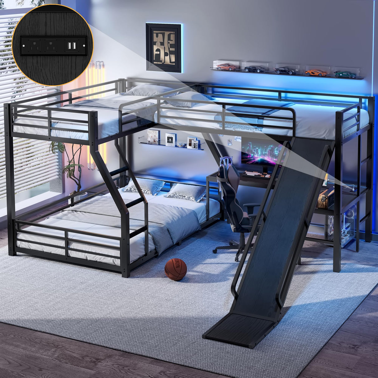 Tdewlye L-Shaped Twin Over Full Bunk Bed with Twin Size Loft Bed, Metal Triple Bunk Bed with Slide,USB Ports and Desk,Space-Saving and Noise-Free Design for Kids (Black-@S) Tdewlye