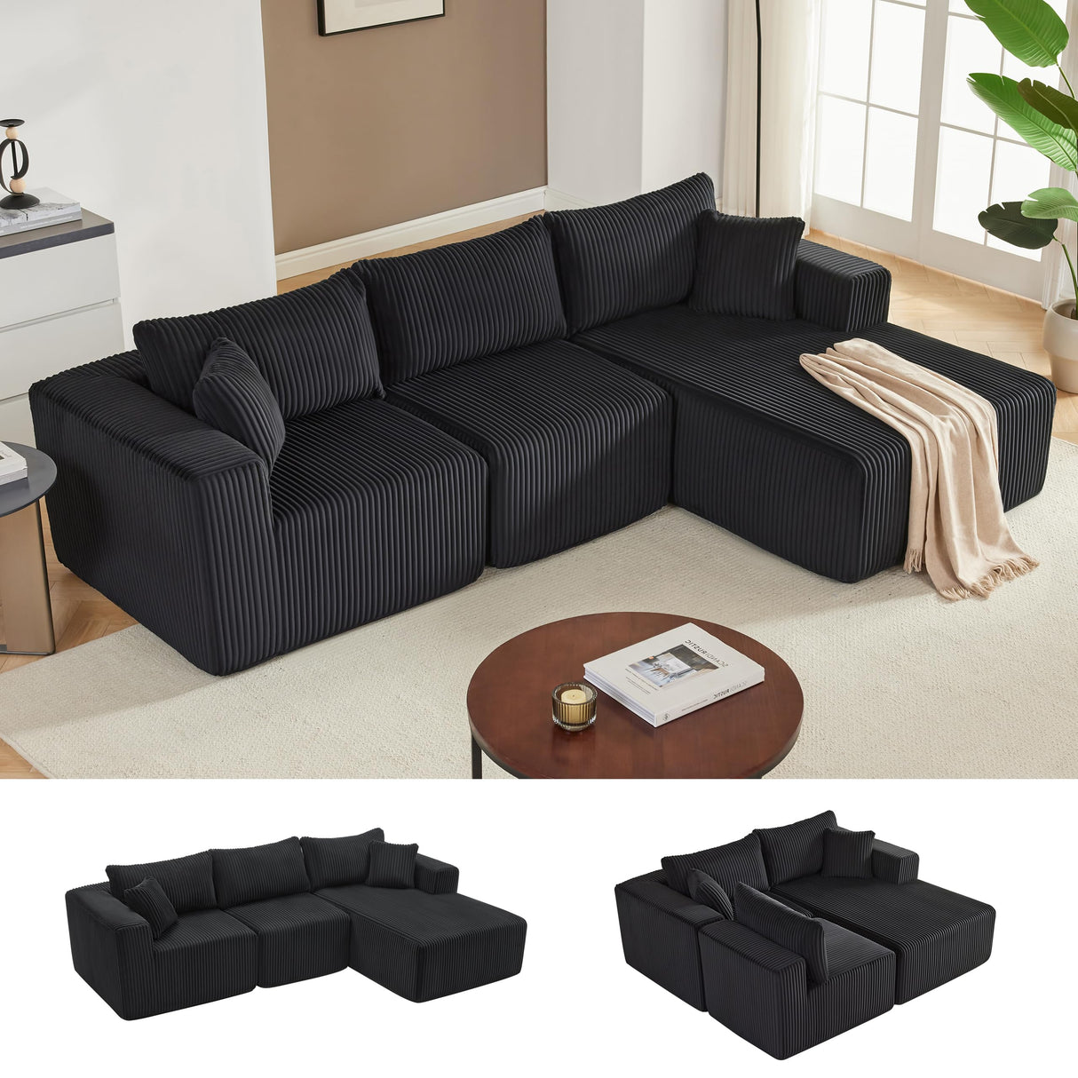 97" Boneless Couches for Living Room, Cloud Couch Sectional with Deep Seat, Comfy Couch with L-Shaped Chaise, Minimalist Upholstered Modular Sectional Sofa, No Assembly Required (Corduroy,Black) Huatean Home