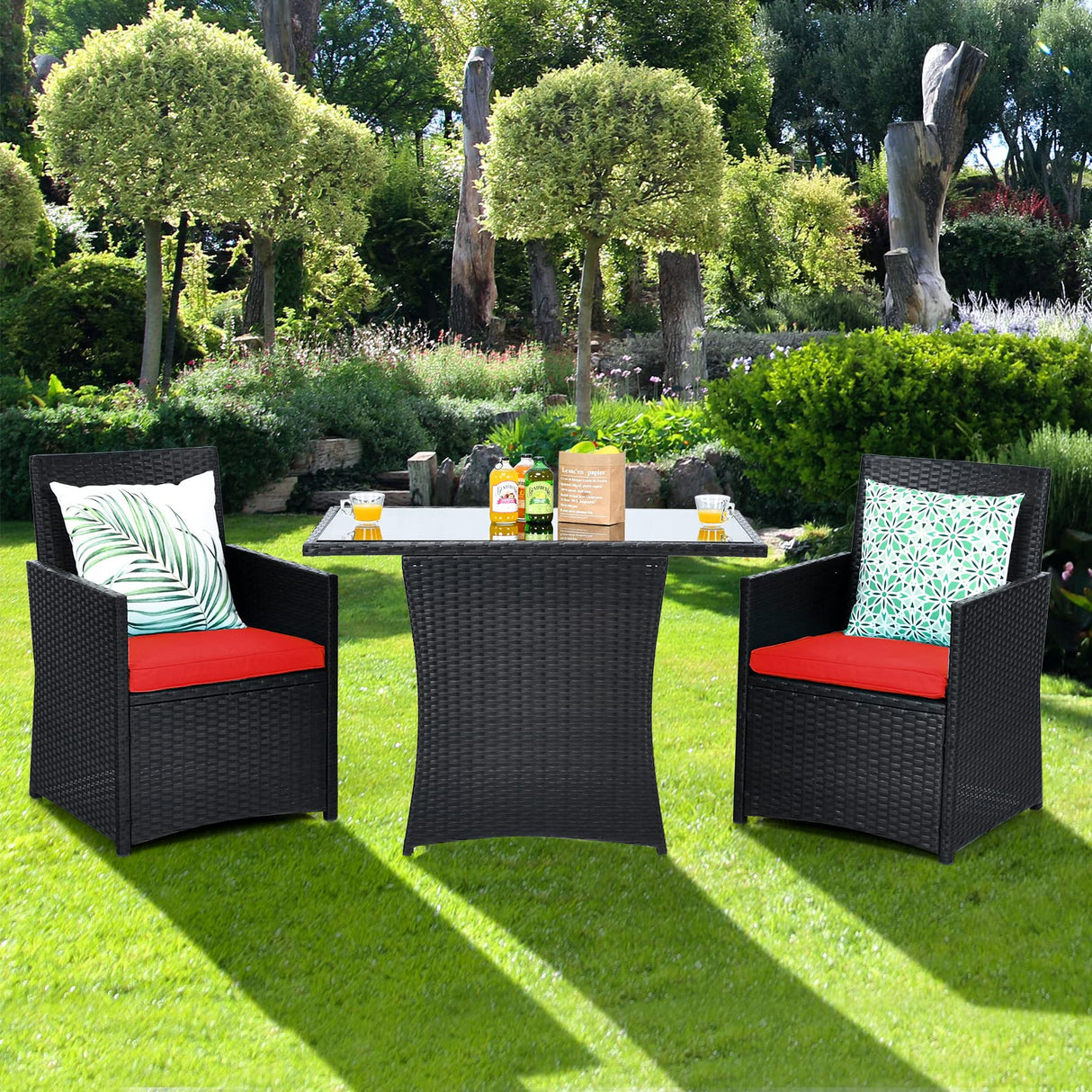 HAPPYGRILL 3-Piece Outdoor Wicker Bistro Set PE Rattan Dining Table Set with Cushioned Chairs, Patio Conversation Set for Backyard Porch Garden and Poolside HAPPYGRILL