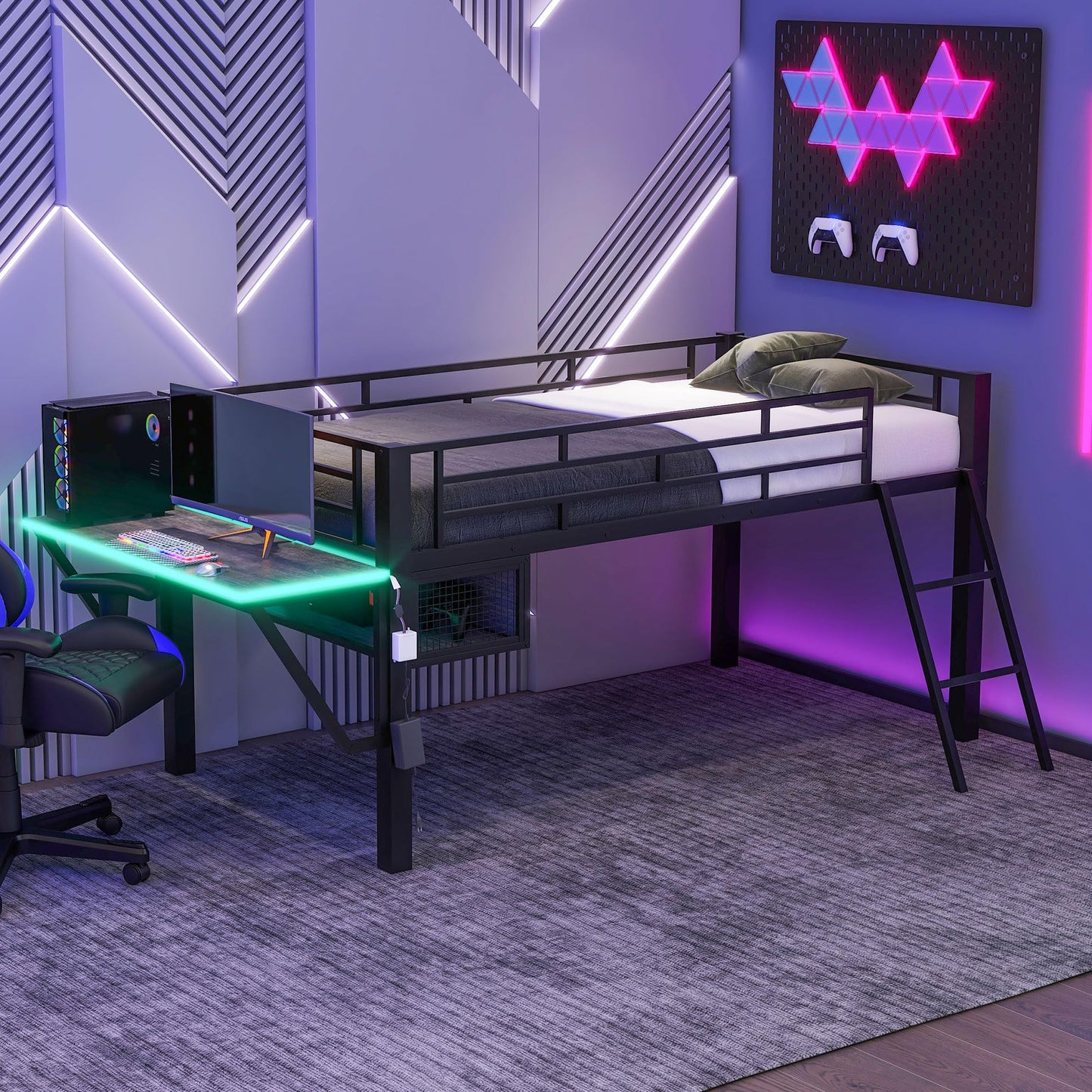 Linique Black Twin Size Gaming Loft Bed with Desk, LED Lights, and Staircase - WoodArtSupply