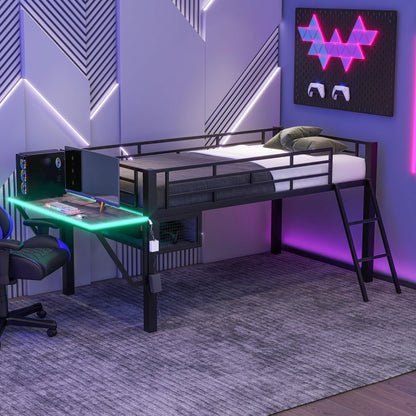 Linique Black Twin Size Gaming Loft Bed with Desk, LED Lights, and Staircase - WoodArtSupply