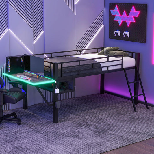 Merax Black Mid Loft Bed with LED Desk for Gaming - Twin Size for Teens & Adults - WoodArtSupply