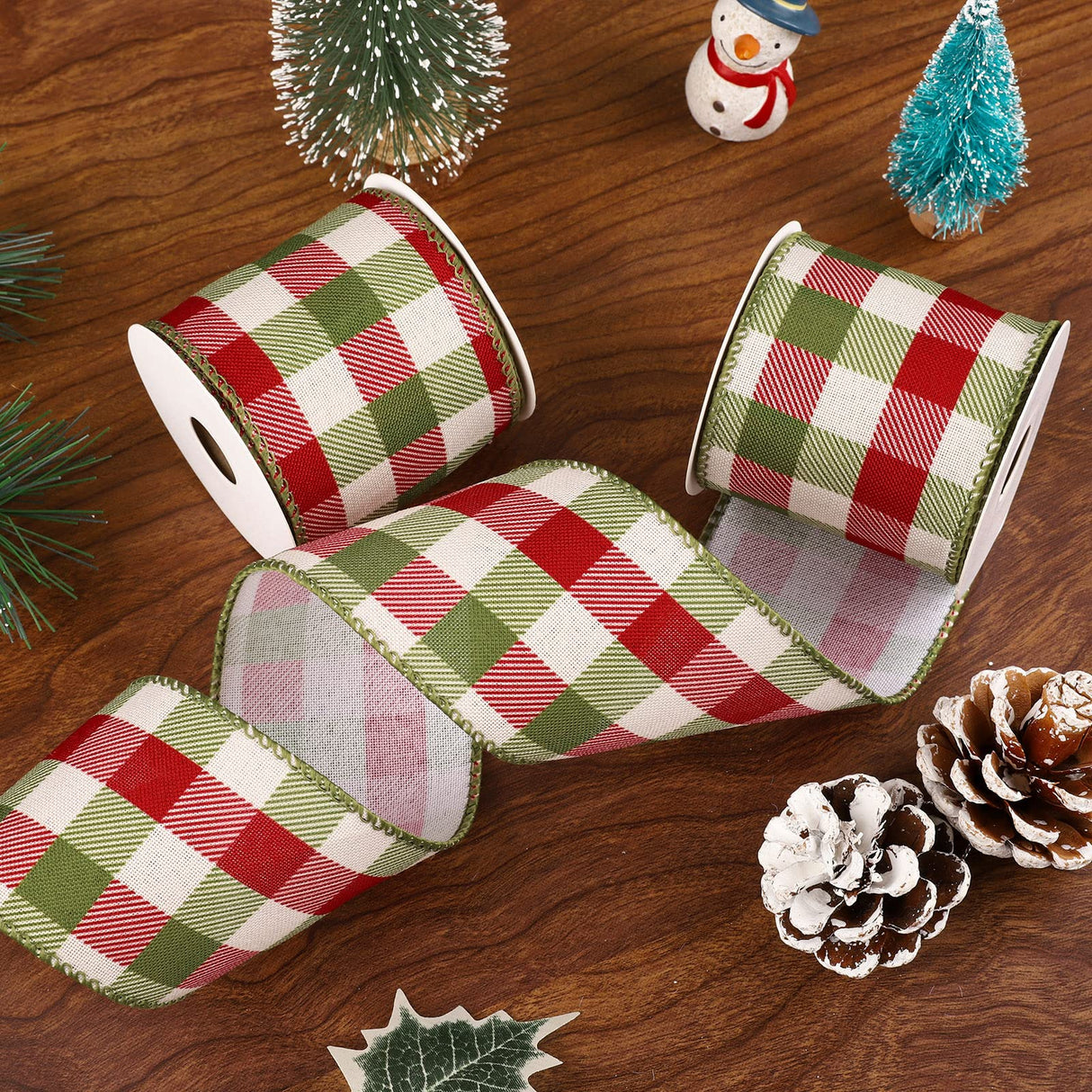 Whaline 2 Rolls Wired Edge Plaids Ribbon - Christmas Buffalo Check Red Green, 2.5 Inch Farmhouse Craft for DIY Gift Wrapping, Wreath, Xmas Tree Bow Decoration, 10 Yards Whaline