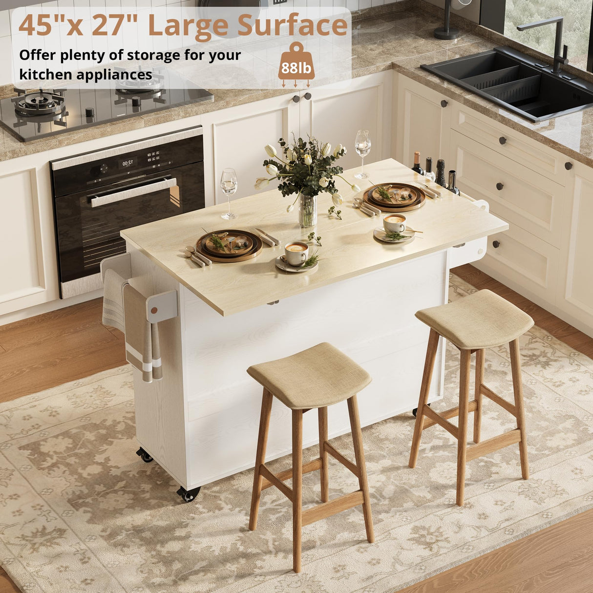 IRONCK Rolling Kitchen Island Table on Wheels with Drop Leaf, 56" Kitchen Island with Drawers and Adjustable Shelves Cabinet, Large Mobile Kitchen Island Cart for Kitchen IRONCK