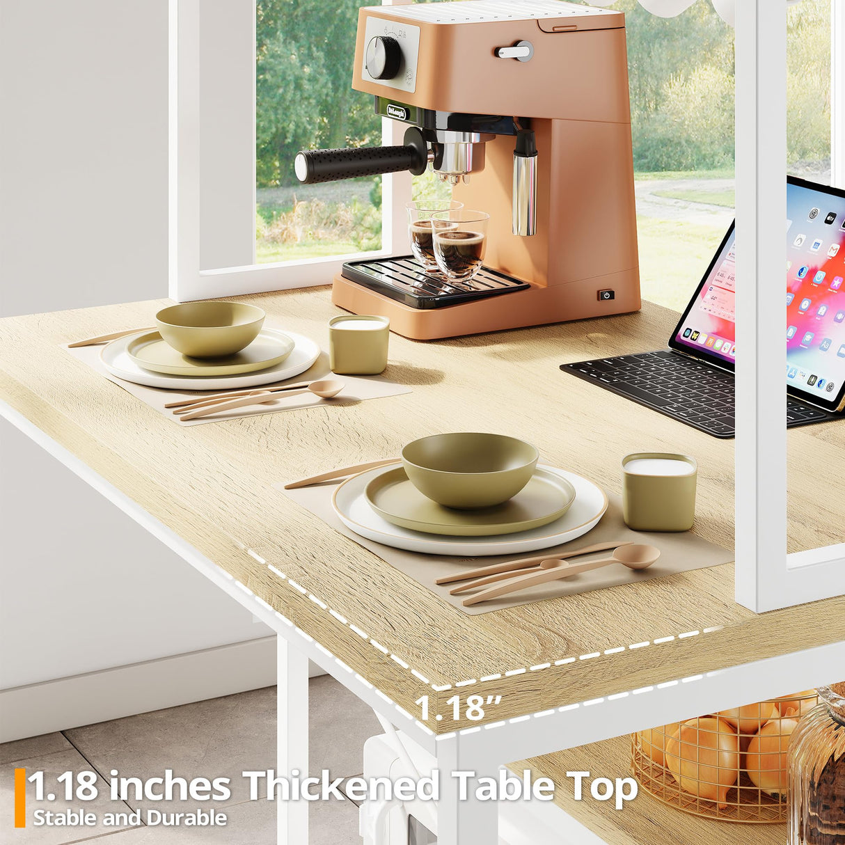 IRONCK Kitchen Island with Stools, Dining Table Set with Storage and Power Outlet, Industrial Coffee Bar Table for Kitchen Dining Living Room, 10 Hooks (Natural Wood) IRONCK