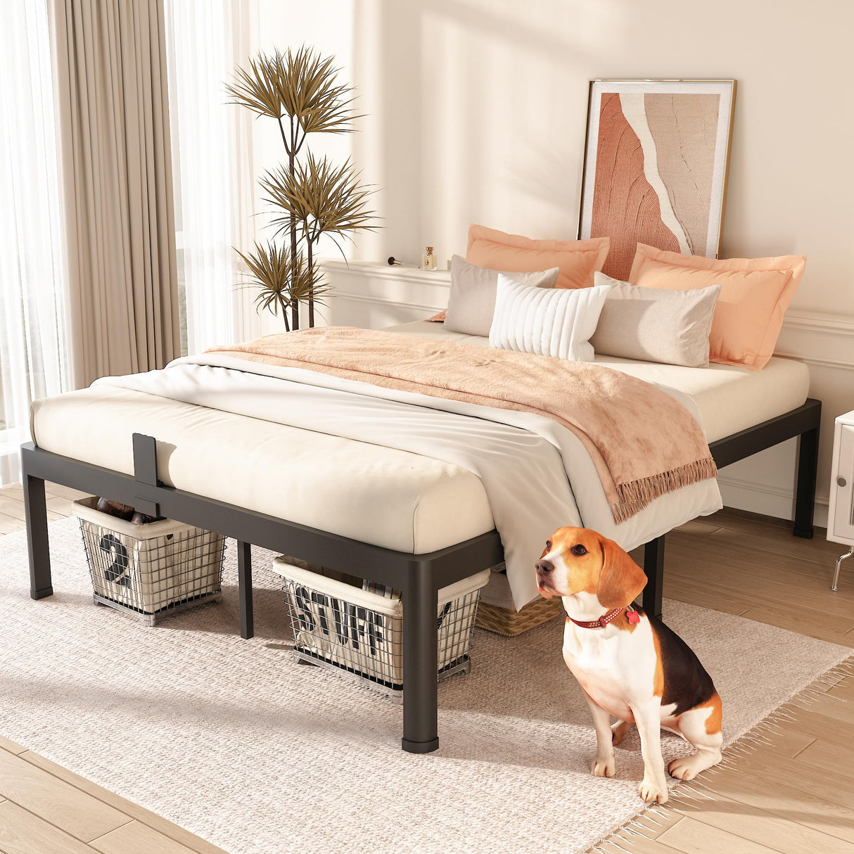 FUIOBYVV Queen Bed Frame with Round Corner Edge Legs 18 inch High 3500 lbs Heavy Duty Metal Platform Bed Frame Queen Size No Box Spring Needed/Non-Slip/Steel Slat Support/Noise Free FUIOBYVV