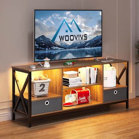 WOOVIVS 59" LED TV Stand with USB/Wireless Charging Station, Television Stand with 3-Colors Auto LED Lights, TV Console Table with 2 Cloth Drawer for 65+ inch TV for Living Room (Brown) WOOVIVS