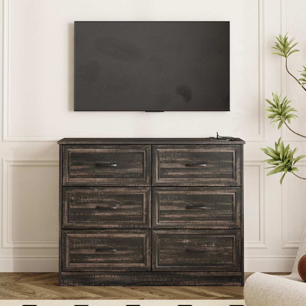 Fameill Dresser for Bedroom, 6 Drawer Wide Dressers Organizer with Charging Station for Hallway with Metal Handles, Dark Brown Fameill