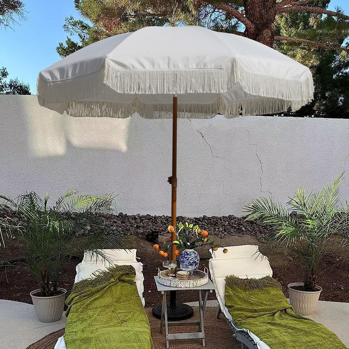 AMMSUN 7ft Patio Umbrella with Fringe Outdoor Tassel Umbrella UPF50+ Premium Steel Pole and Ribs Push Button Tilt, White Cream AMMSUN