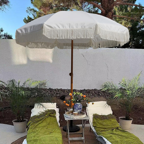 AMMSUN 7ft Patio Umbrella with Fringe Outdoor Tassel Umbrella UPF50+ Premium Steel Pole and Ribs Push Button Tilt, White Cream AMMSUN