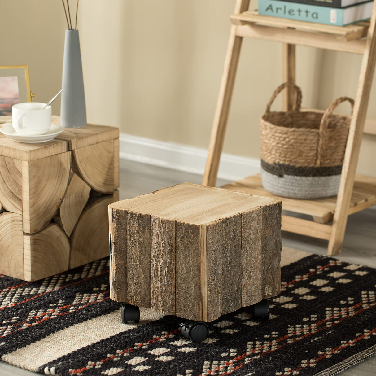 Vintiquewise Accent Decorative Natural Wooden Square Stump Stool, with Wheels for Indoor and Outdoor Vintiquewise