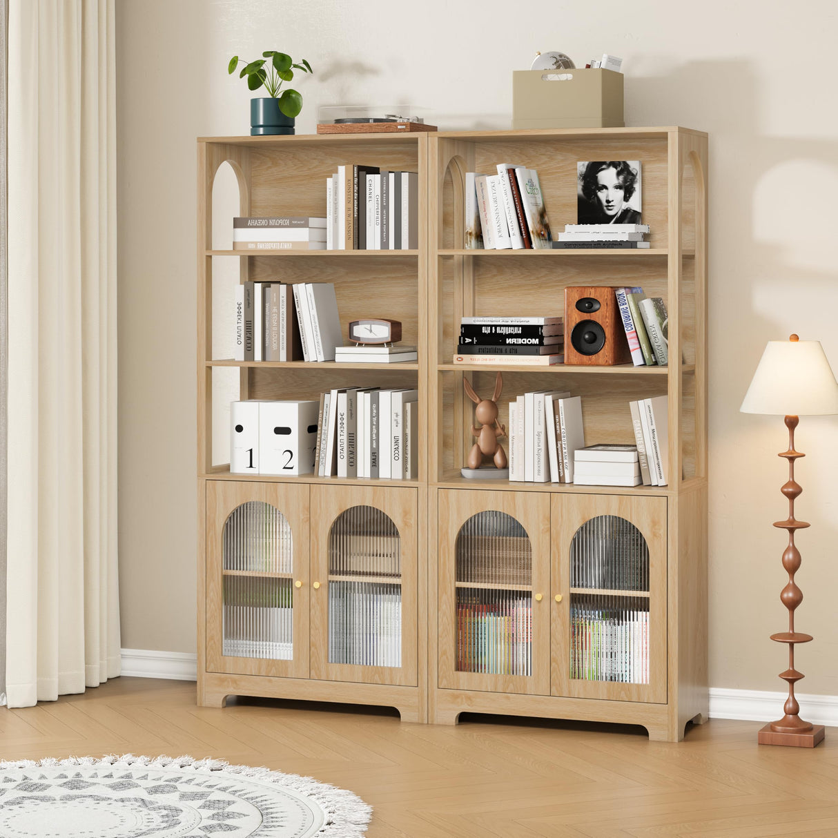 RARZOE Set of 2 Bookshelves and Bookcases, 5-Tier Arched Bookshelf with Glass Doors, Floor Standing 5 Shelf Book case, Wood Display Cabinet Storage Organizer for Living Room, Bedroom, Office(Natural) RARZOE