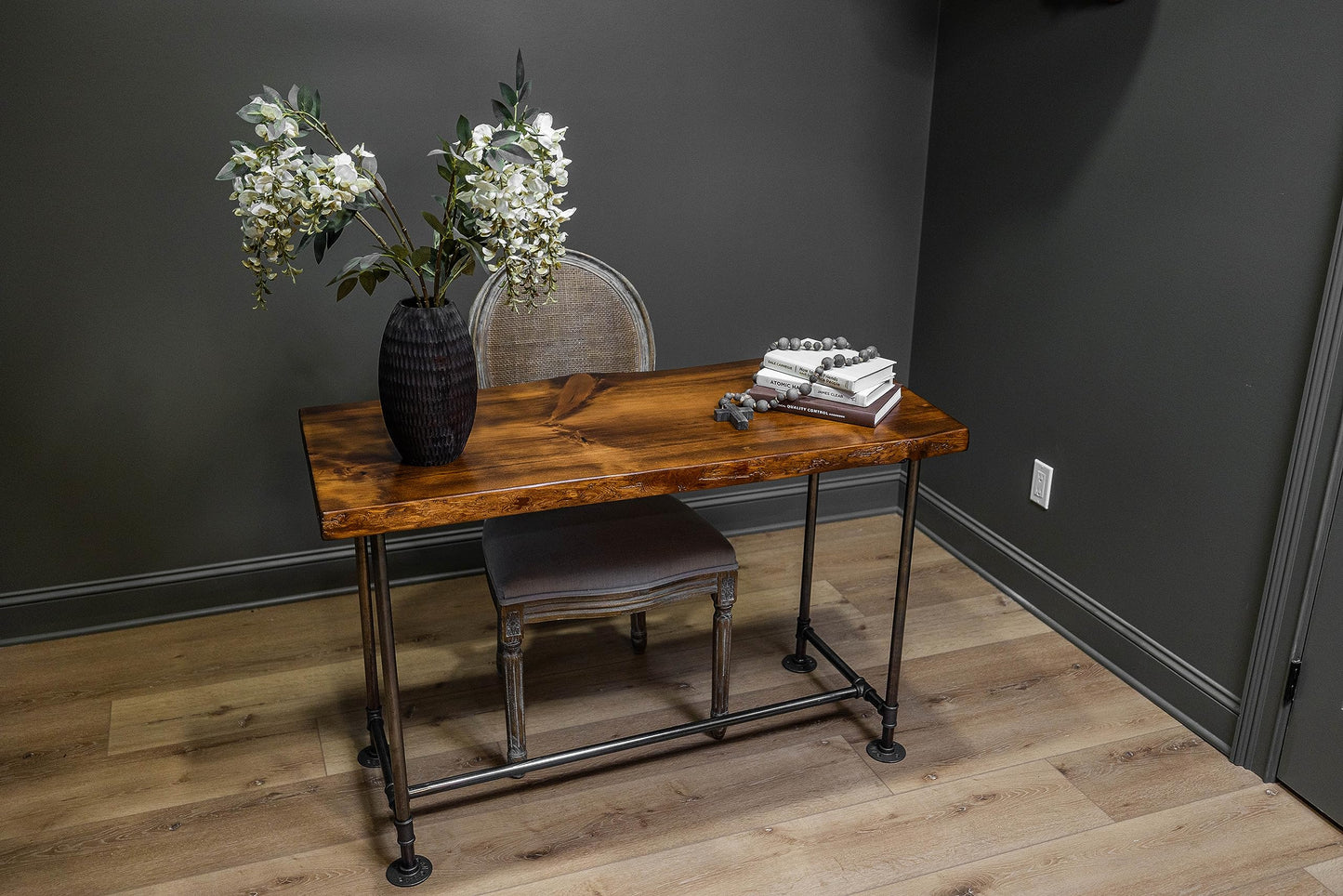 Southern Rustic Logwerks Industrial Pipe Desk Live Edge Top Vintage Table (Honey Pine) — Rustic Live Edge Slab Desk with Steampunk Pipe Legs