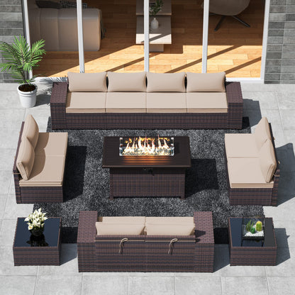 ASJMR Outdoor Patio Furniture Set with Gas Fire Pit Table, 13 Pieces Outdoor Furniture Set Patio Sectional Sofa w/43in Propane Fire Pit, PE Wicker Rattan Patio Conversation Sets (Sand) - WoodArtSupply