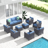 ovios Patio Furniture Set, 9 Pieces Outdoor Wicker Rattan Sofa Couch with 6 Chairs, Ottomans and Comfy Cushions, All Weather High Back Conversation Set Garden Backyard, Denim Blue ovios