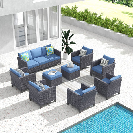 ovios Patio Furniture Set, 9 Pieces Outdoor Wicker Rattan Sofa Couch with 6 Chairs, Ottomans and Comfy Cushions, All Weather High Back Conversation Set Garden Backyard, Denim Blue ovios