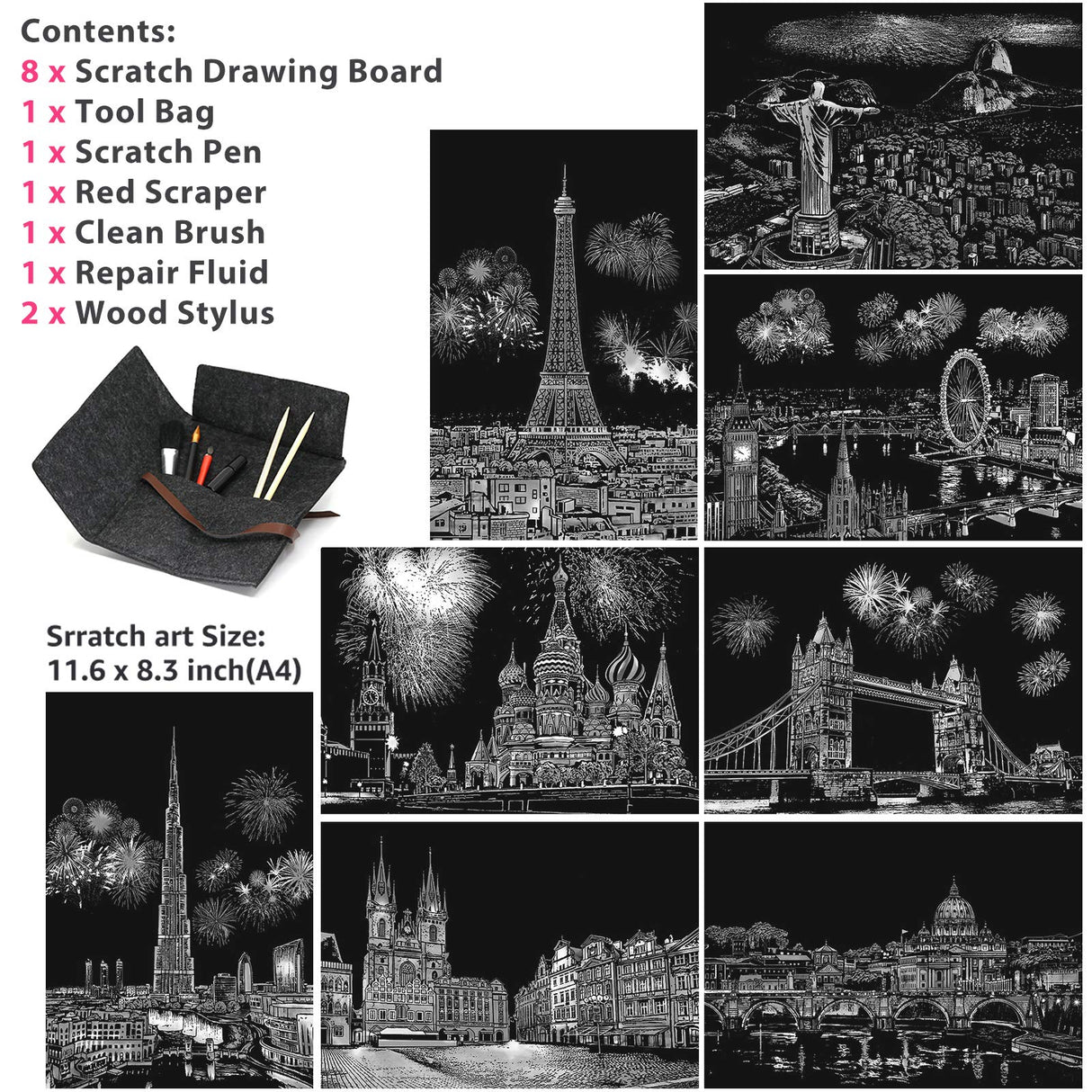 Scratch Art Painting Kits for Adults & Kids, Rainbow Painting Sketch Night View Scratchboard(A4), Crafts Set: 8 Sheets Scratch Cards with 6 tools in Bag - Creative Craft Art Set (Landmark Building) ASDICOXB