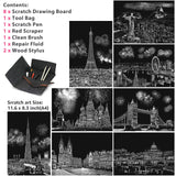 Scratch Art Painting Kits for Adults & Kids, Rainbow Painting Sketch Night View Scratchboard(A4), Crafts Set: 8 Sheets Scratch Cards with 6 tools in Bag - Creative Craft Art Set (Landmark Building) ASDICOXB