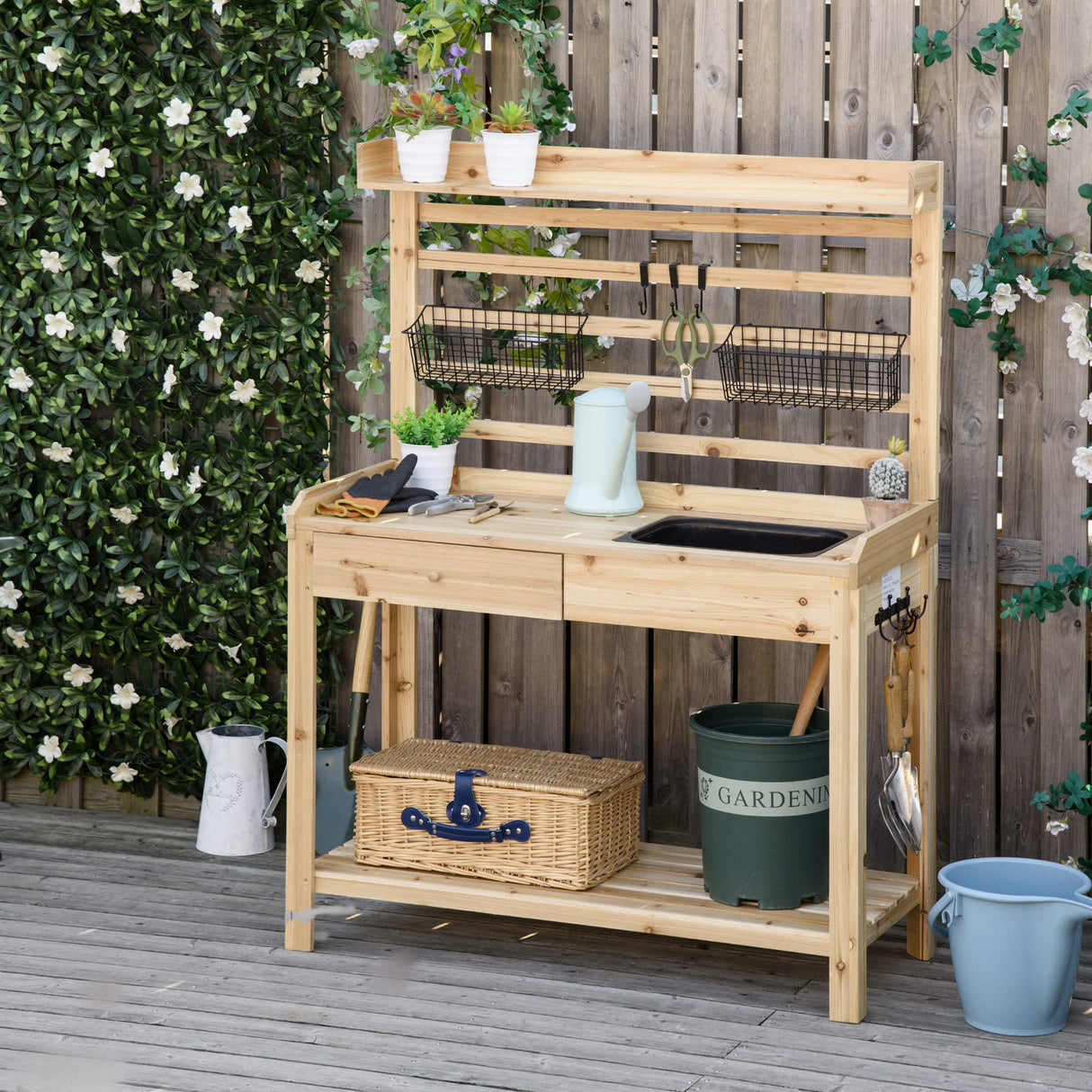 Outsunny Potting Bench Table, Garden Work Bench, Workstation with Metal Sieve Screen, Removable Sink, Additional Hooks and Baskets for Patio, Courtyards, Balcony, Natural Outsunny