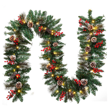 9FT Christmas Garland Decoration ，Battery Operated Lighted Garland with Pine Cones Red Berries Lush Branches，50 LED Lights 8 Modes，Christmas Decorations