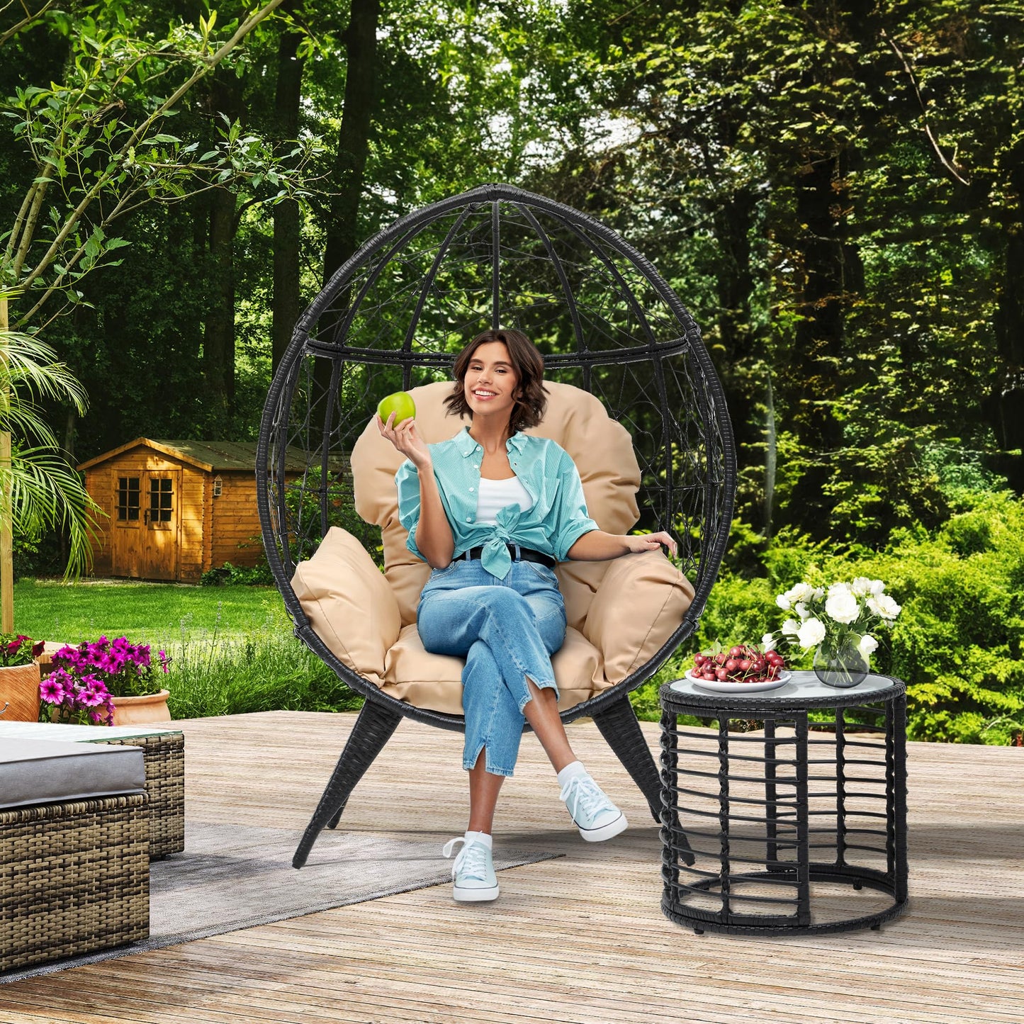 YITAHOME Egg Chair with Table Outdoor Egg Lounge Chair with Cushion Wicker Chair PE Rattan Chair Table Included for Patio, Garden, Backyard, Porch, Beige